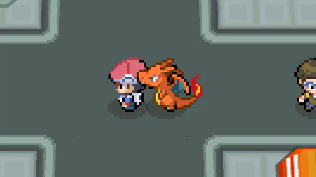 Charizard following the player in Jubilife City, drawn with HeartGold's follower sprite.