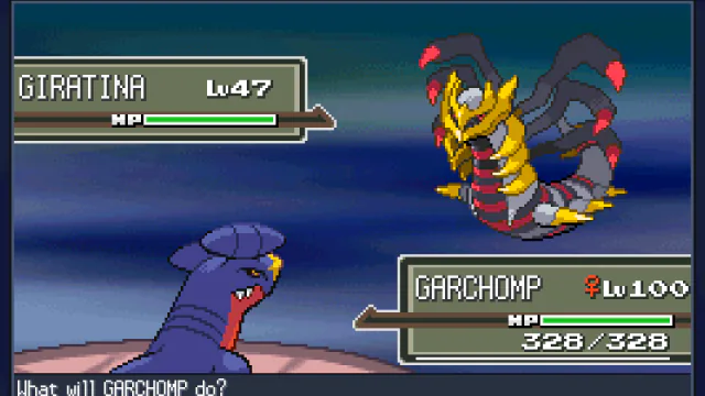 The battle with Giratina: Garchomp faces Giratina in its Origin Forme.
