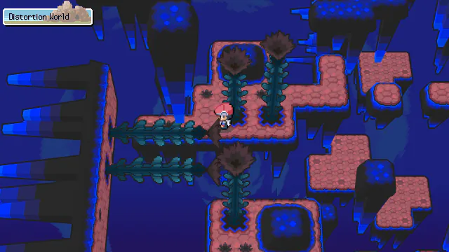 The Distortion World: floating platforms and sideways trees against a deep blue void.