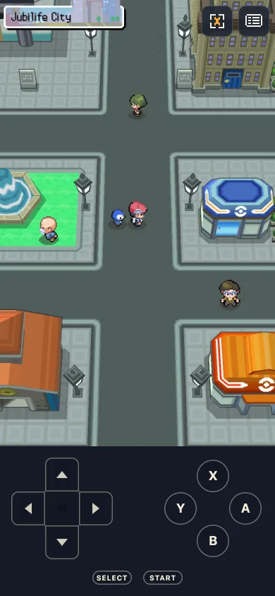 OpenSinnoh on a phone: Jubilife City in portrait, Piplup following the player, with the touch controls below.