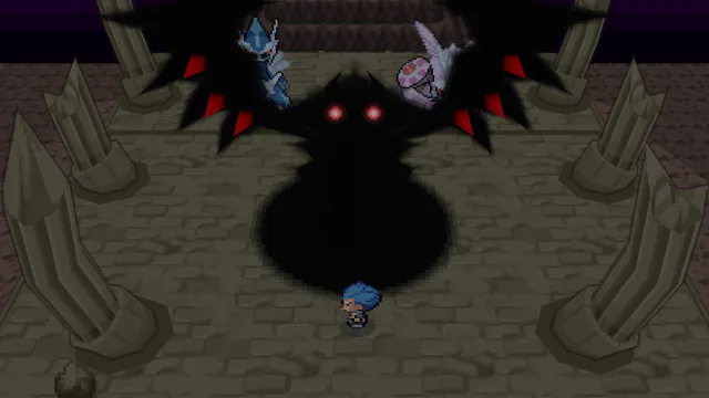 Spear Pillar: Giratina's shadow spreads its wings over Dialga and Palkia.